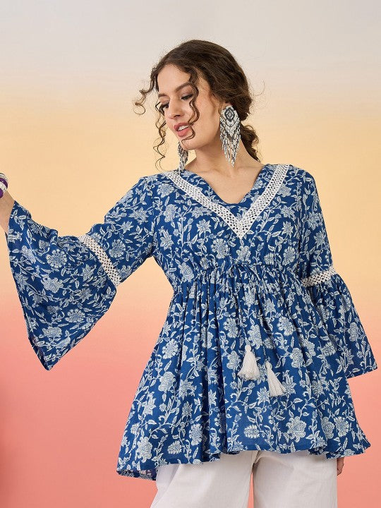 Indigo Bloom Flared Boho Top