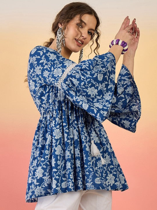 Indigo Bloom Flared Boho Top