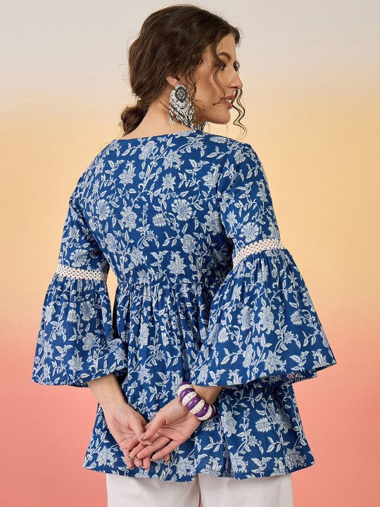 Indigo Bloom Flared Boho Top