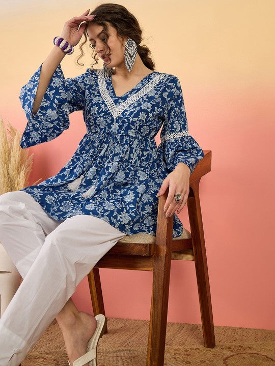 Indigo Bloom Flared Boho Top