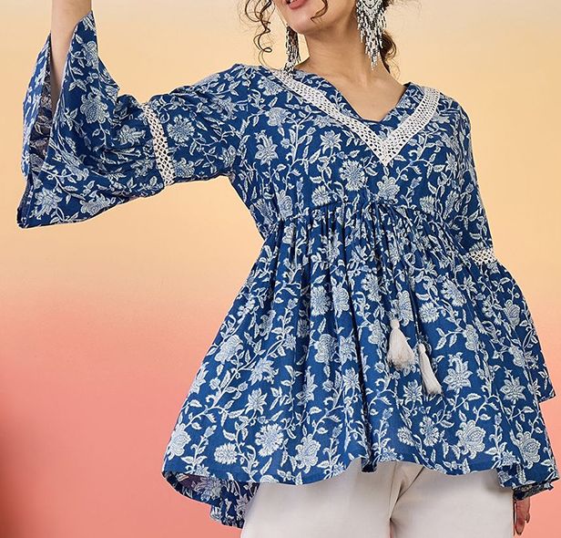 Indigo Bloom Flared Boho Top