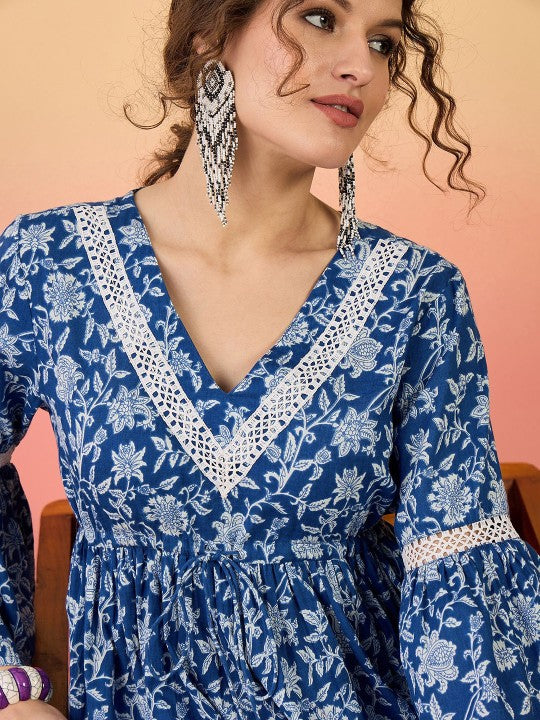 Indigo Bloom Flared Boho Top