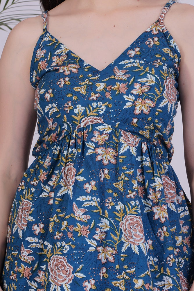 Floral Printed Blue Pure Cotton Western Top
