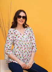 Summer Pop White Geometric Cotton Top