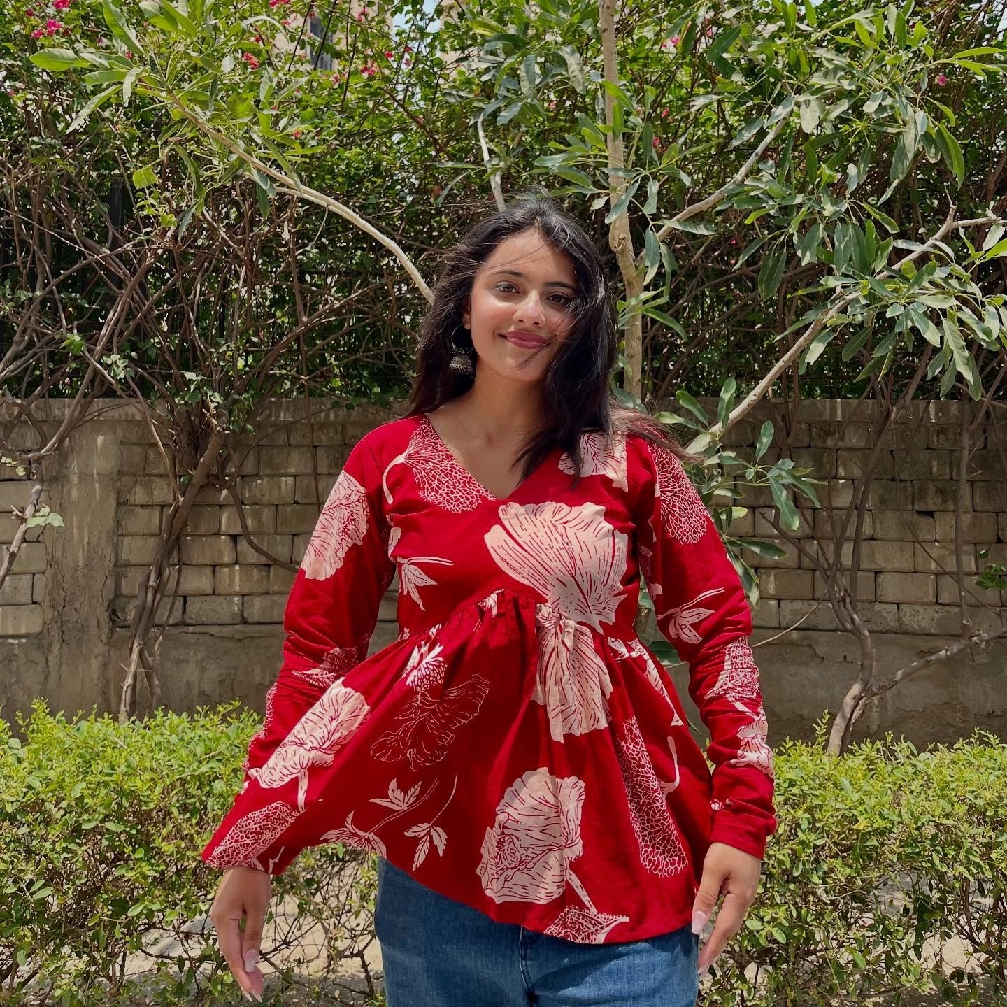 Red Floral Empire Waist Flared Cotton Top for Women