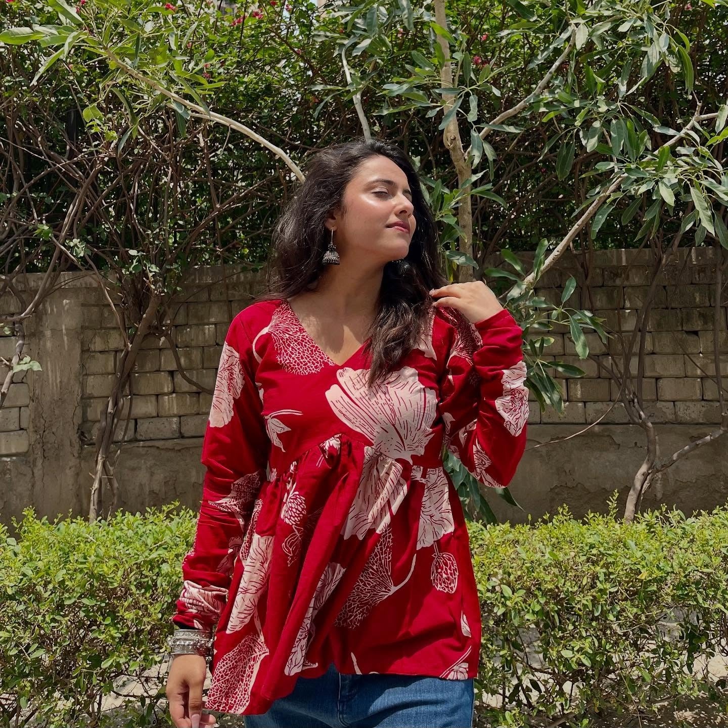 Red Floral Empire Waist Flared Cotton Top for Women