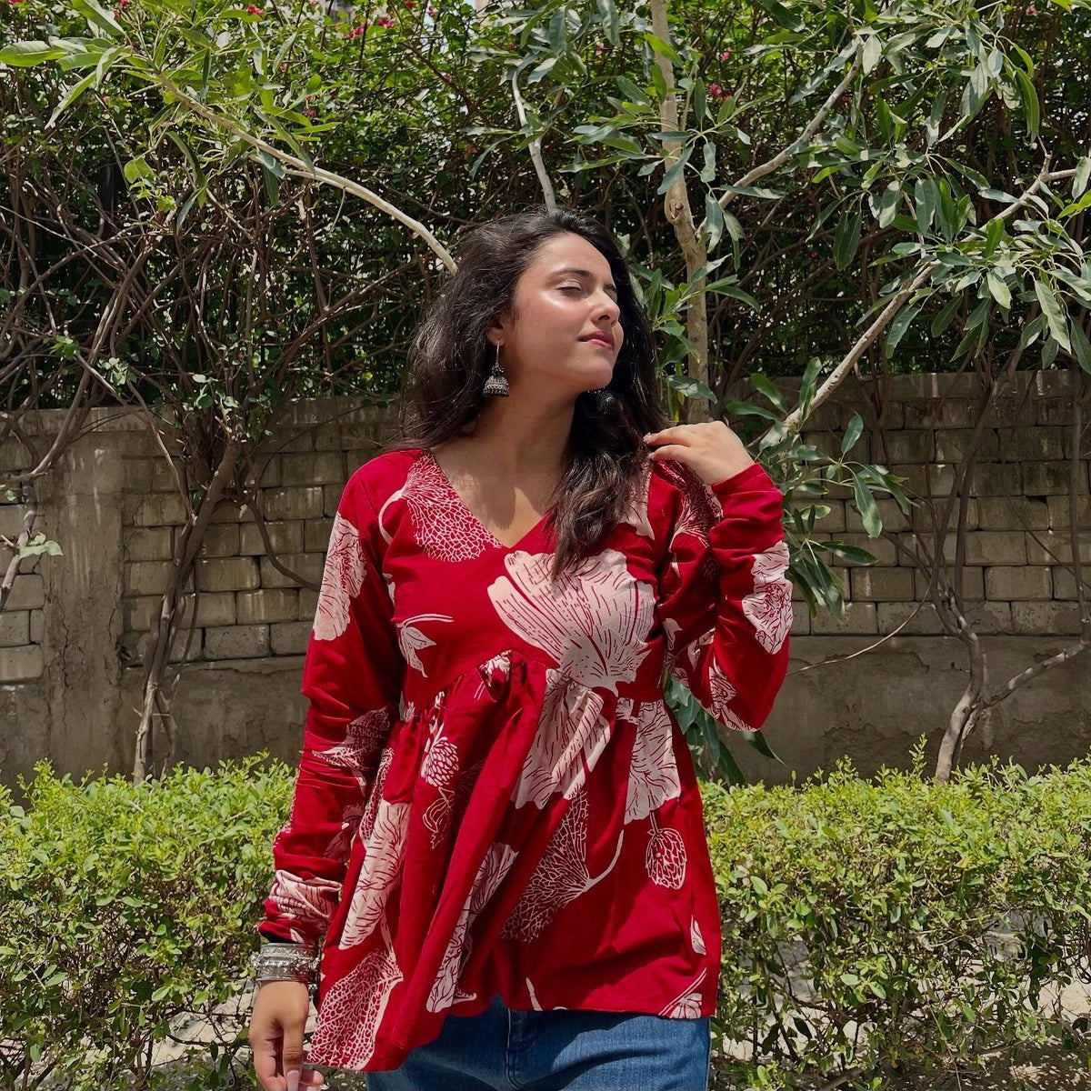Red Floral Empire Waist Flared Cotton Top for Women