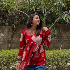 Red Floral Empire Waist Flared Cotton Top for Women