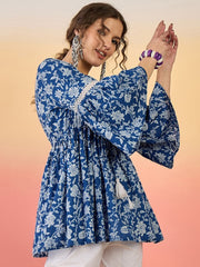 Indigo Bloom Flared Boho Top