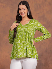 Verdant Bloom Green Floral Cotton Top