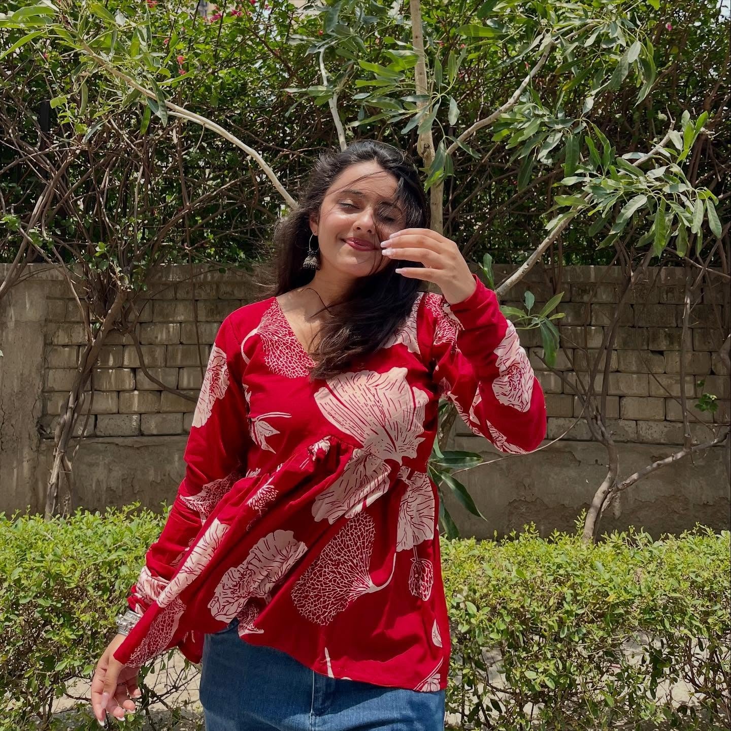 Red Floral Empire Waist Flared Cotton Top for Women