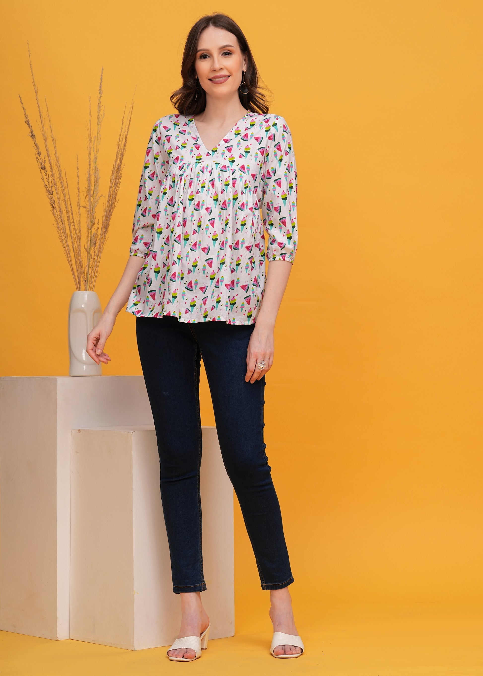 Summer Pop White Geometric Cotton Top