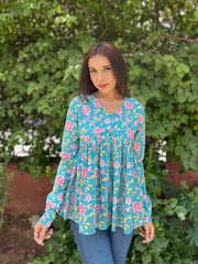 Teal Blossom Cotton Floral Top