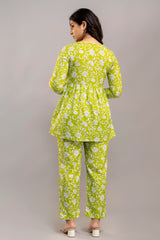 Lime Green White Floral Printed Ethnic Co-ord Set