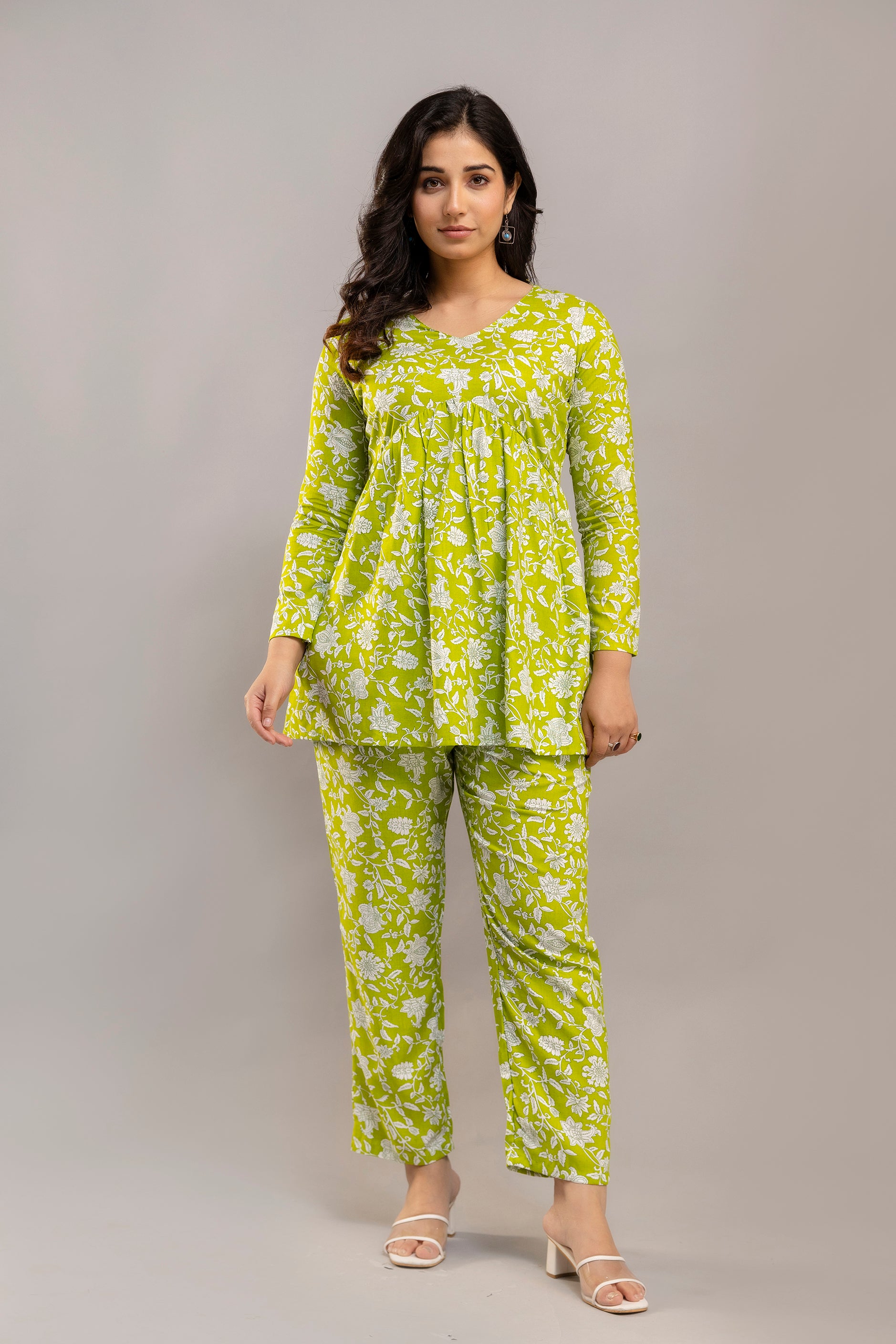 Lime Green White Floral Printed Ethnic Co-ord Set