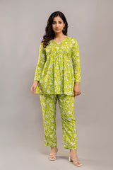 Lime Green White Floral Printed Ethnic Co-ord Set