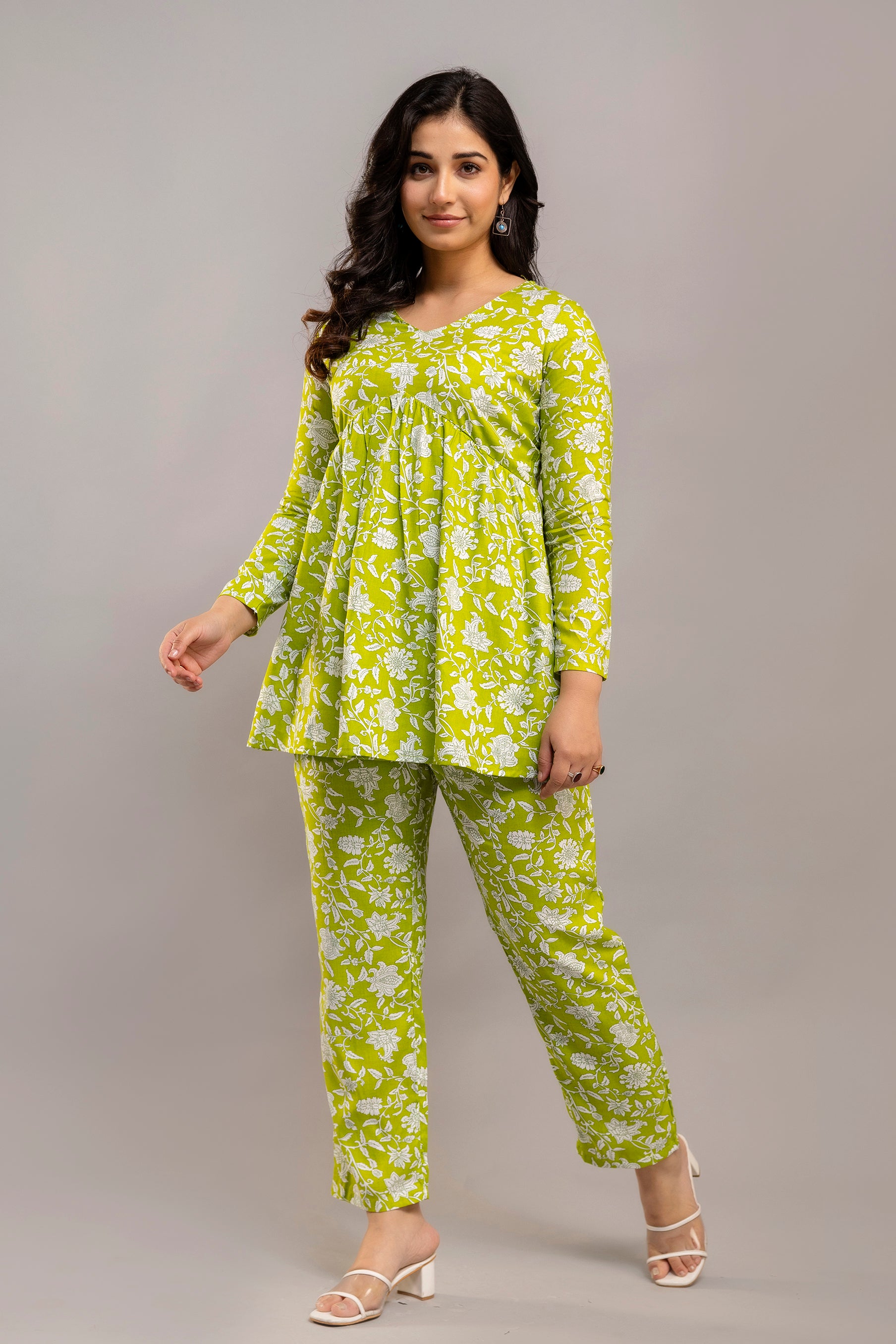 Lime Green White Floral Printed Ethnic Co-ord Set