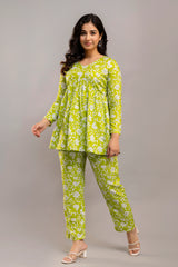 Lime Green White Floral Printed Ethnic Co-ord Set
