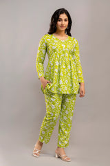 Lime Green White Floral Printed Ethnic Co-ord Set