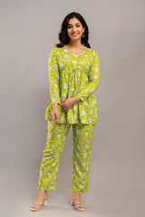 Lime Green White Floral Printed Ethnic Co-ord Set