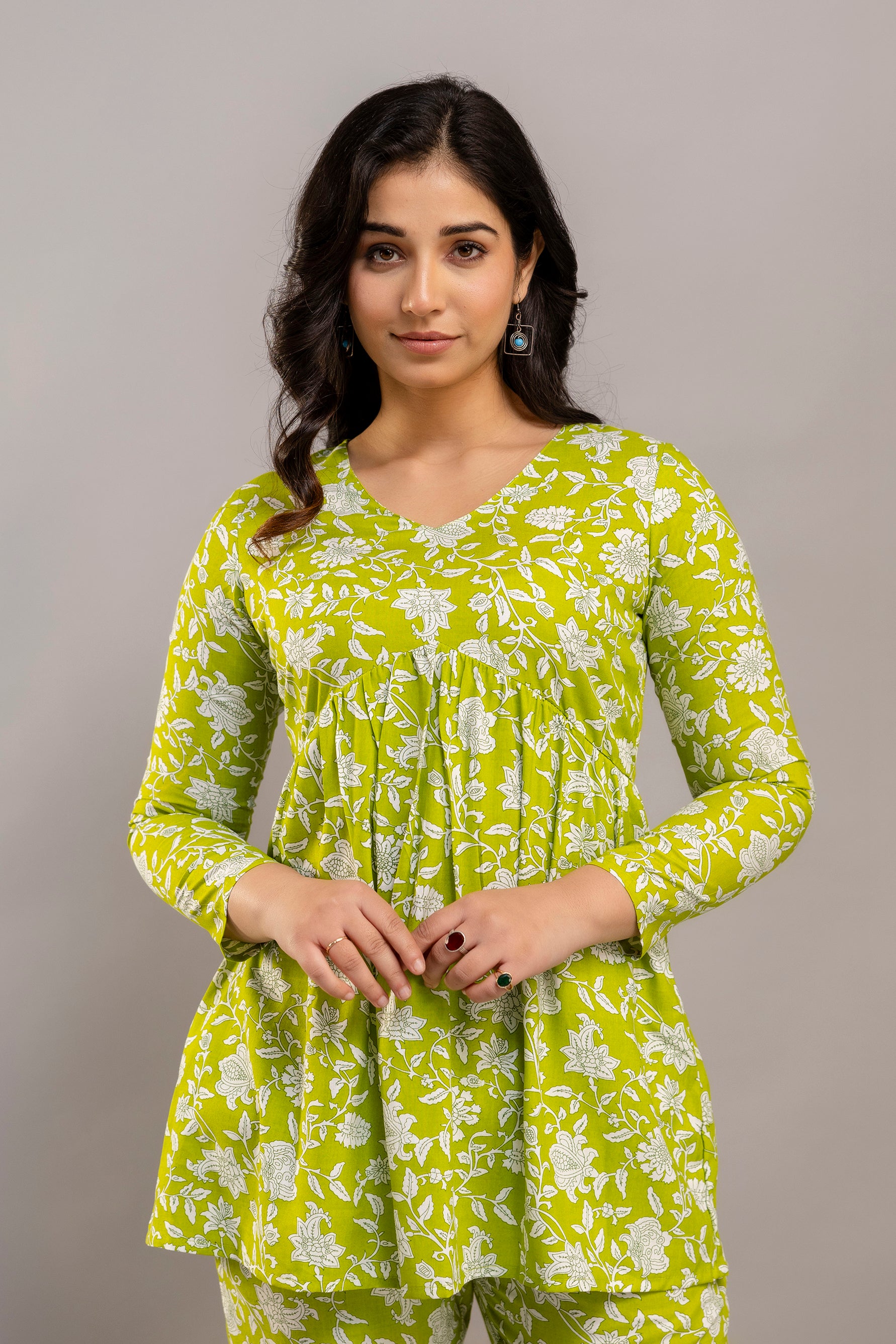 Lime Green White Floral Printed Ethnic Co-ord Set