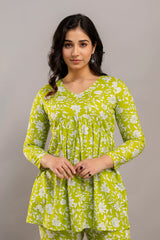 Lime Green White Floral Printed Ethnic Co-ord Set