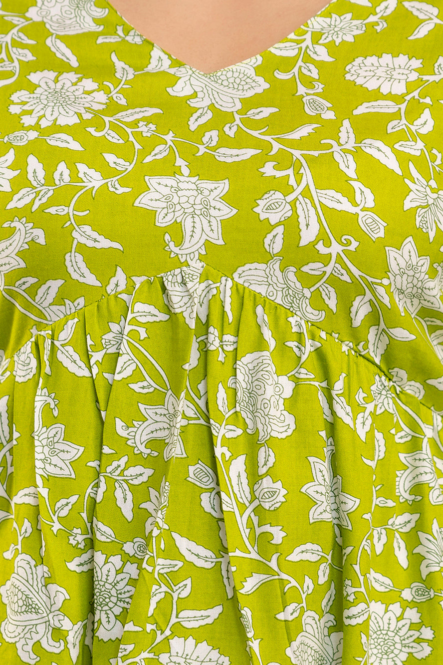 Lime Green White Floral Printed Ethnic Co-ord Set