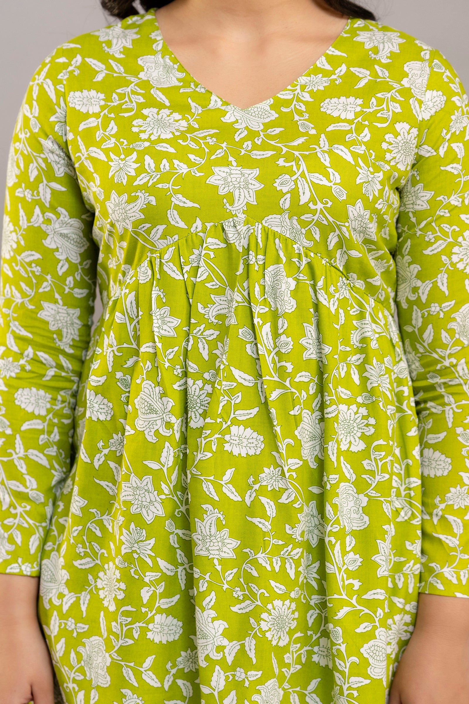 Lime Green White Floral Printed Ethnic Co-ord Set