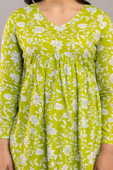 Lime Green White Floral Printed Ethnic Co-ord Set