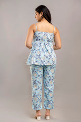 Sky Blue White & Navy Floral Printed Western Co-ord Set