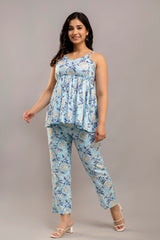 Sky Blue White & Navy Floral Printed Western Co-ord Set