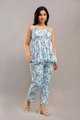 Sky Blue White & Navy Floral Printed Western Co-ord Set