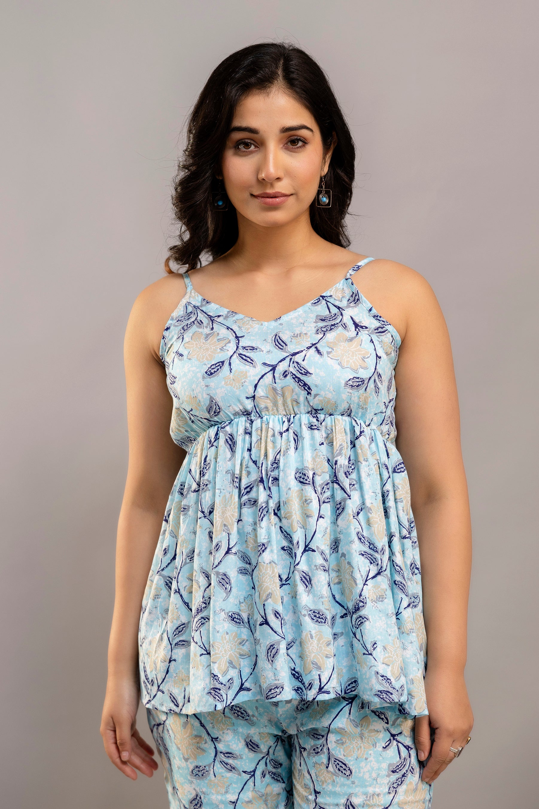 Sky Blue White & Navy Floral Printed Western Co-ord Set