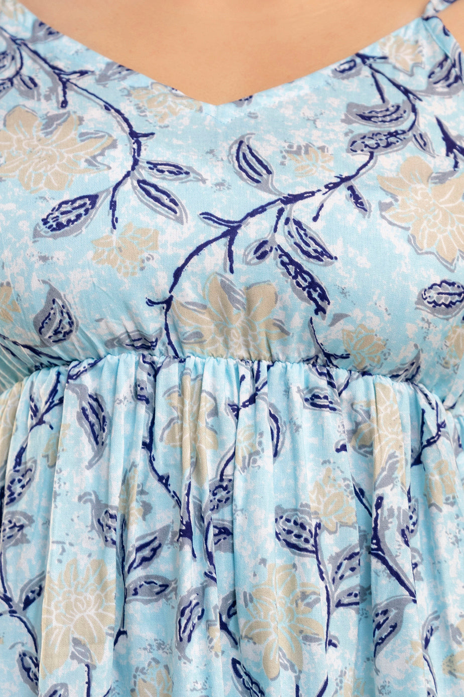 Sky Blue White & Navy Floral Printed Western Co-ord Set