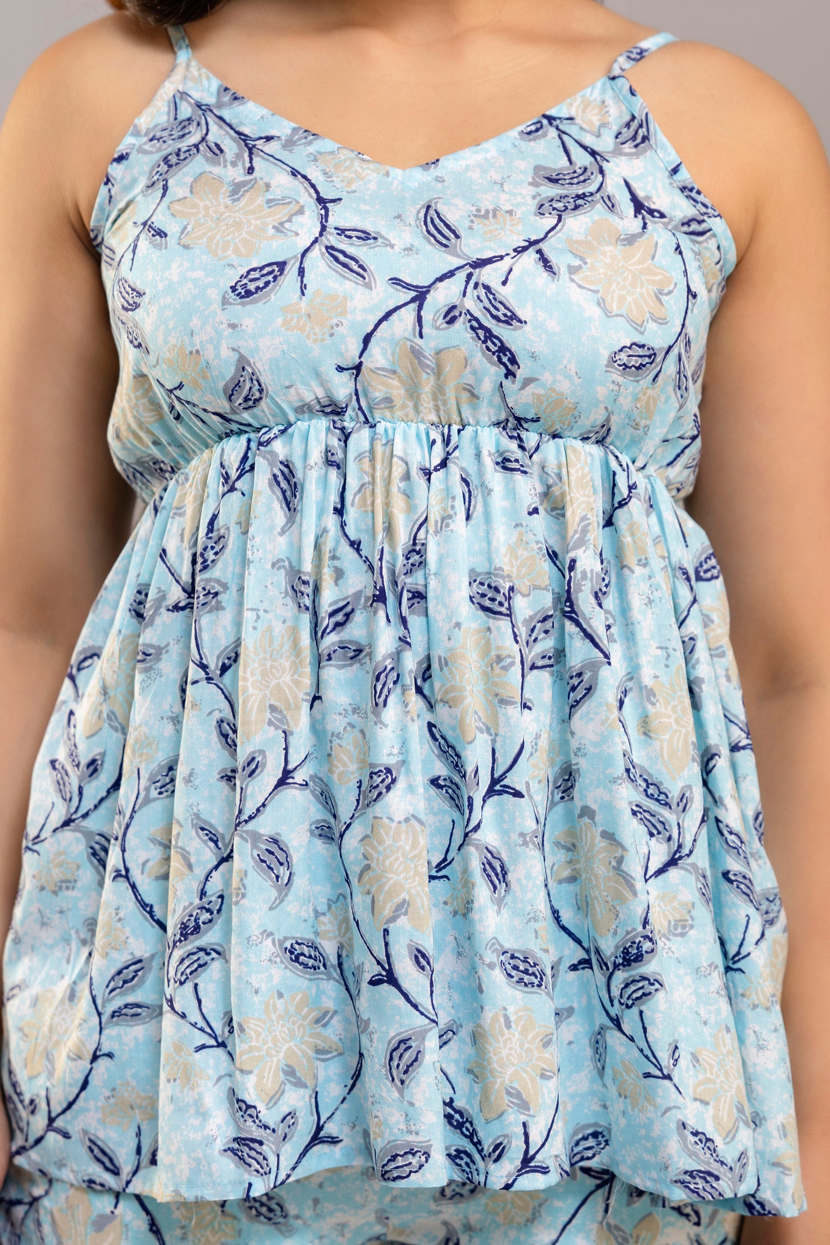 Sky Blue White & Navy Floral Printed Western Co-ord Set