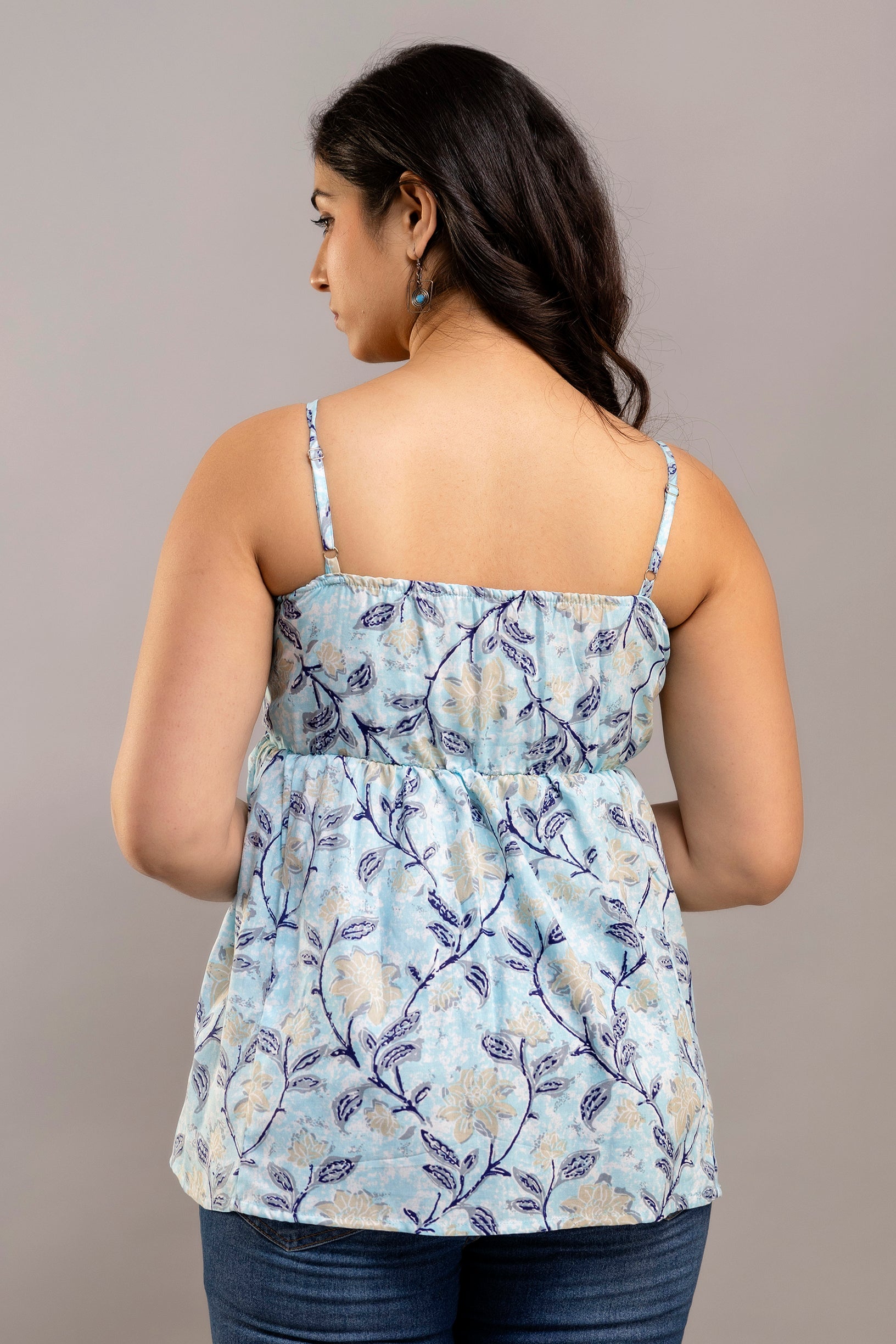 Sky Blue Sleeveless Floral Cotton Top