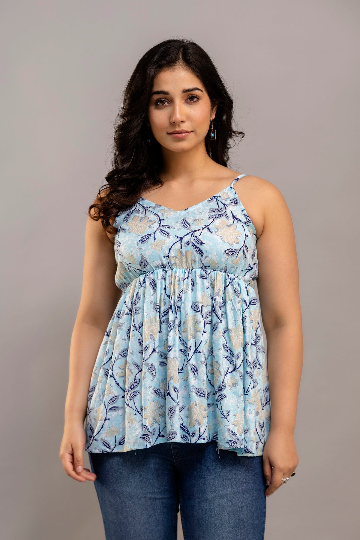 Sky Blue Sleeveless Floral Cotton Top