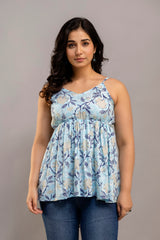 Sky Blue Sleeveless Floral Cotton Top