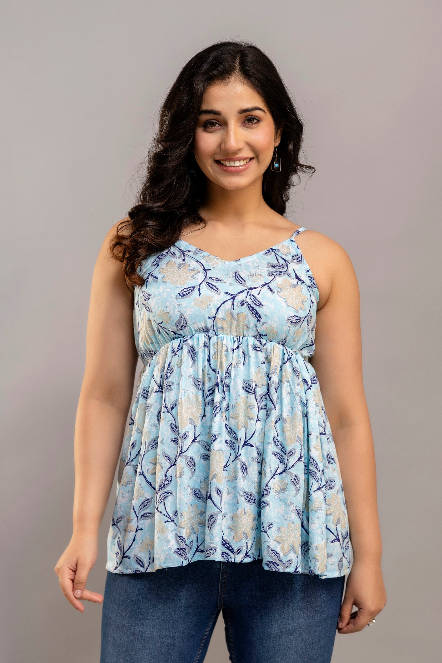 Sky Blue Sleeveless Floral Cotton Top