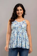 Sky Blue Sleeveless Floral Cotton Top