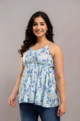 Sky Blue Sleeveless Floral Cotton Top