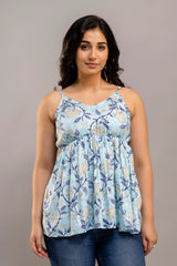 Sky Blue Sleeveless Floral Cotton Top