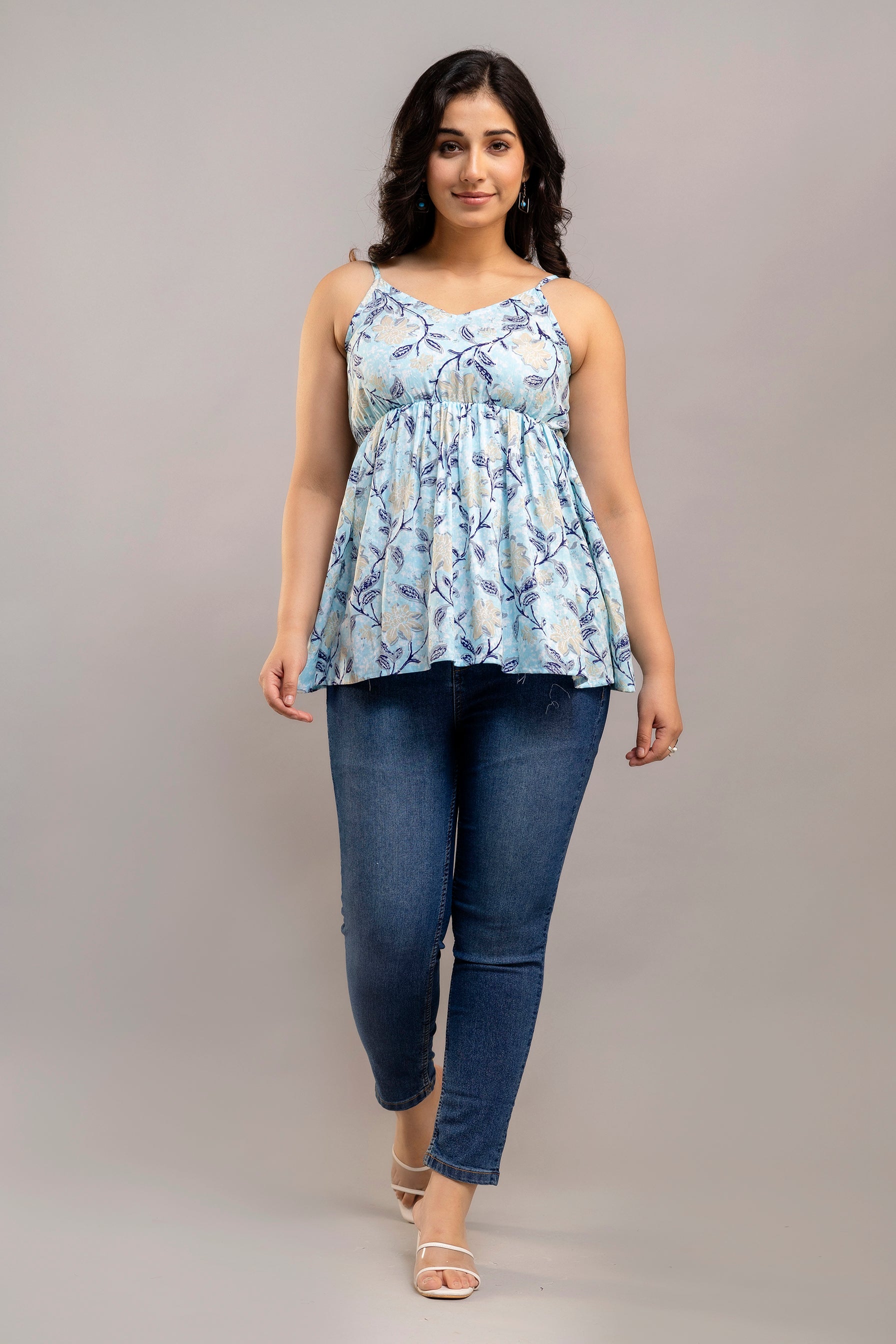 Sky Blue Sleeveless Floral Cotton Top
