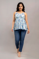 Sky Blue Sleeveless Floral Cotton Top