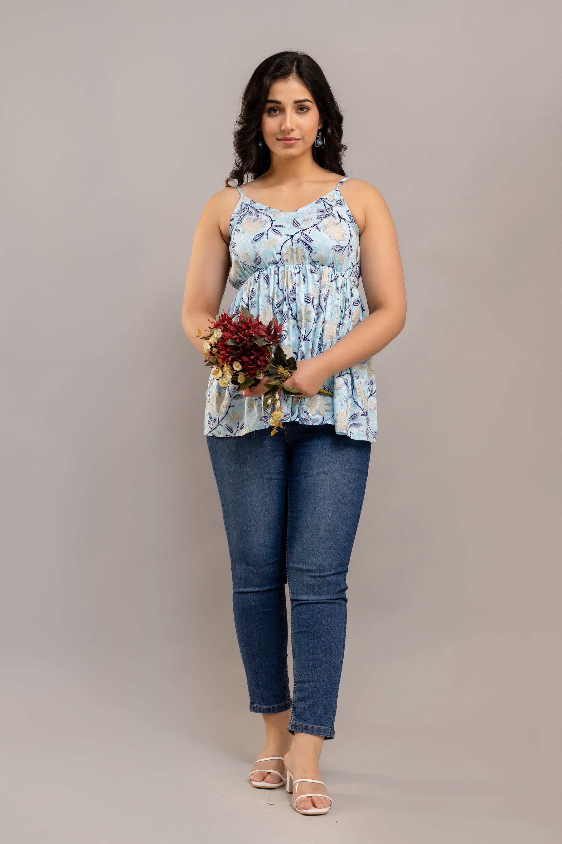 Sky Blue Sleeveless Floral Cotton Top