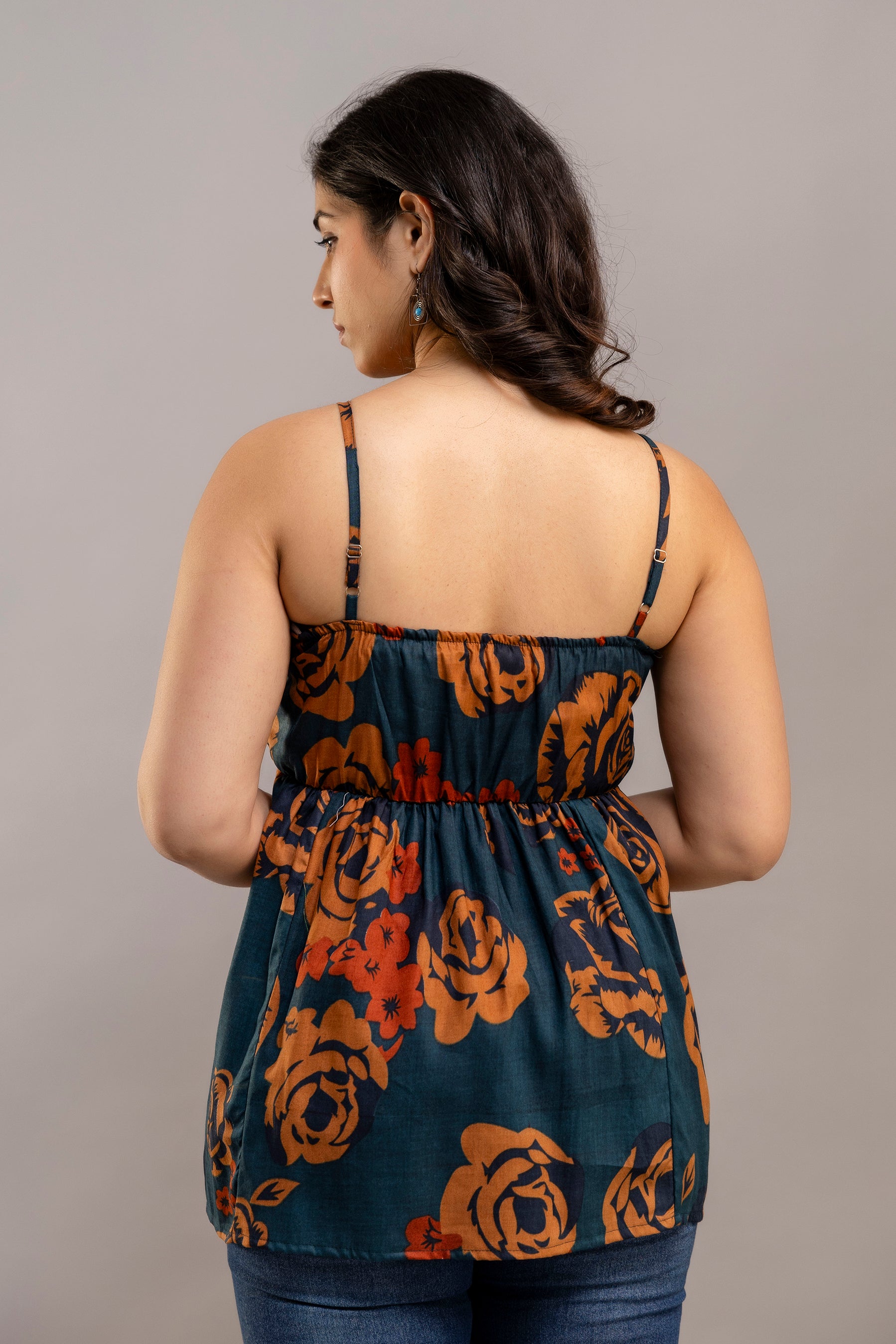 Dark Teal Sleeveless Floral Cotton Top
