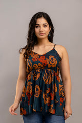 Dark Teal Sleeveless Floral Cotton Top