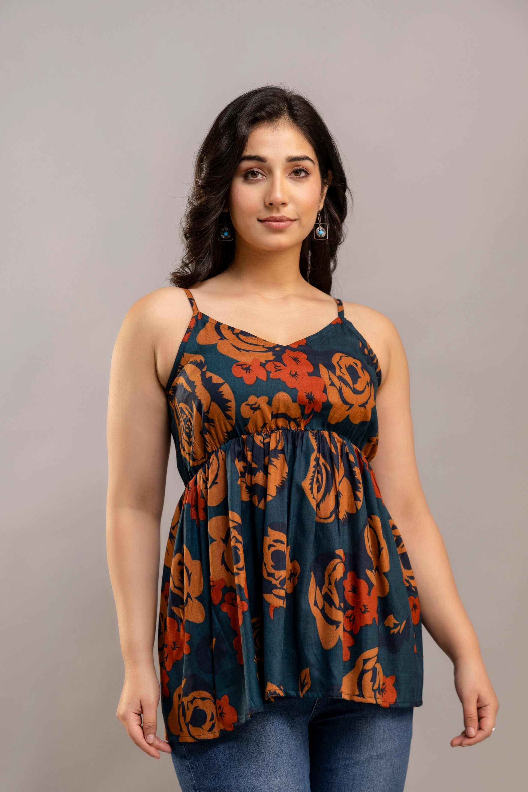 Dark Teal Sleeveless Floral Cotton Top