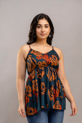 Dark Teal Sleeveless Floral Cotton Top