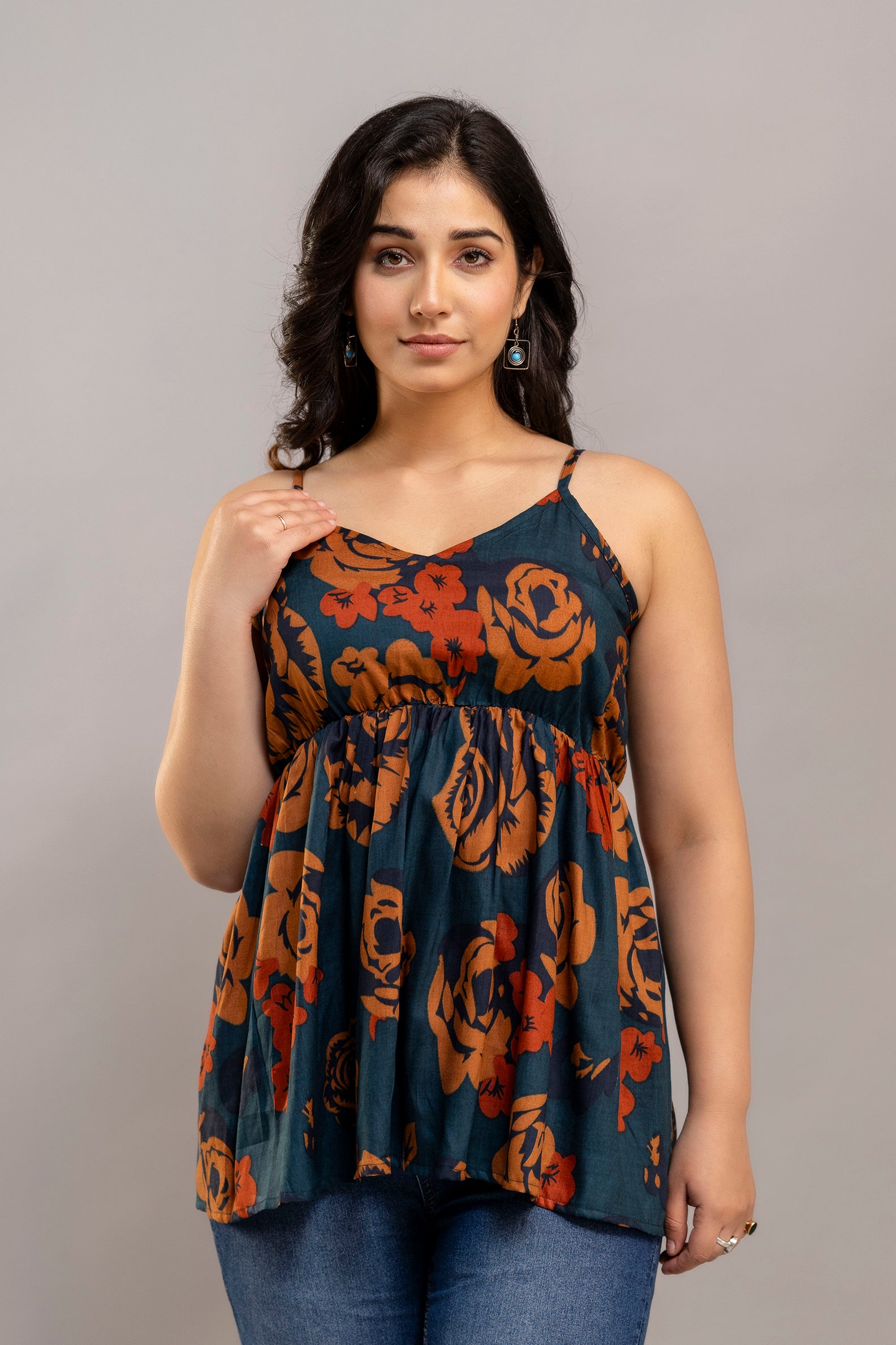 Dark Teal Sleeveless Floral Cotton Top